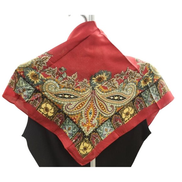 Square Silk Scarf Red With Ornate Paisley Floral Print 27.5 inch Square Wild Rag - Picture 2 of 16